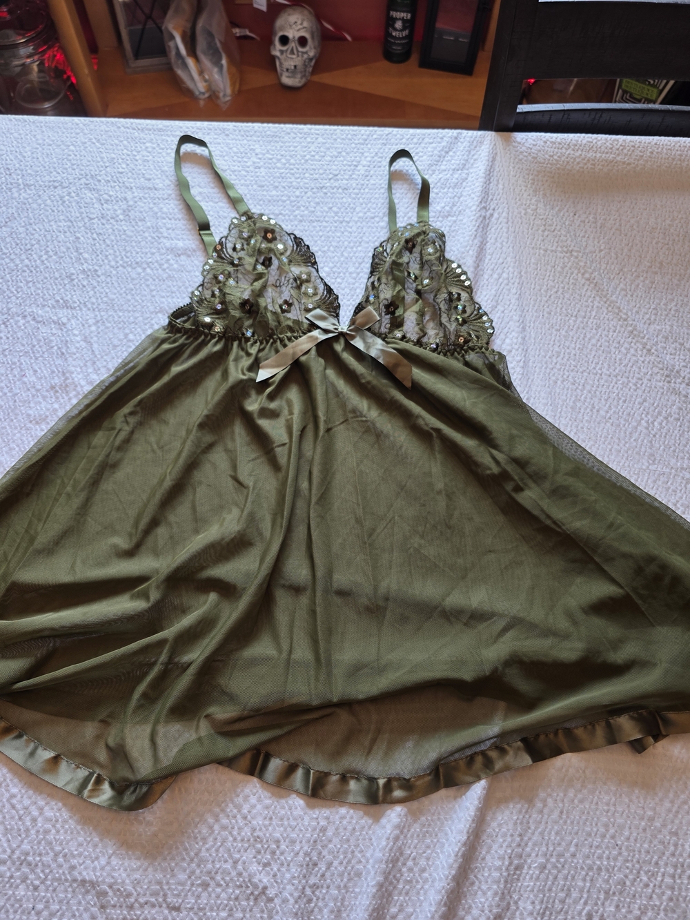 Olive Green Embroidered Lace Babydoll Chemise 1x